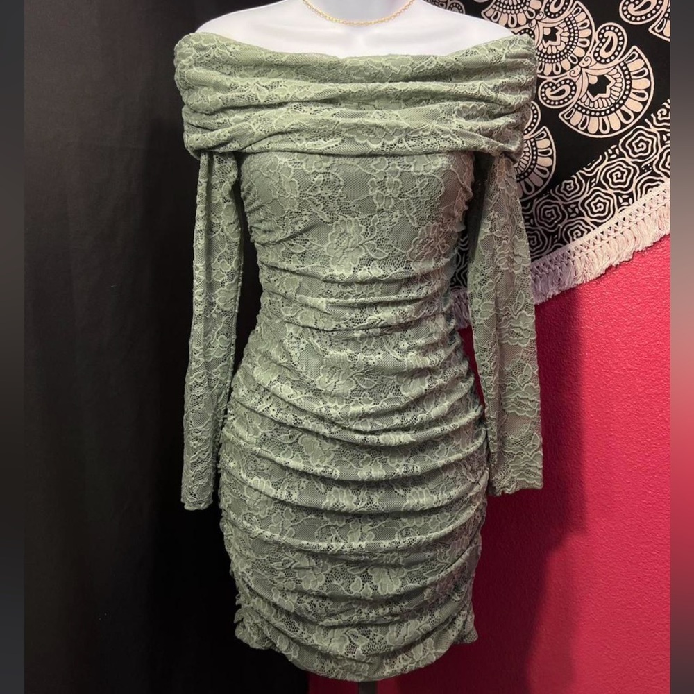 Lily Rose Off-Shoulder Sage Green Lace Long Sleeve Dress